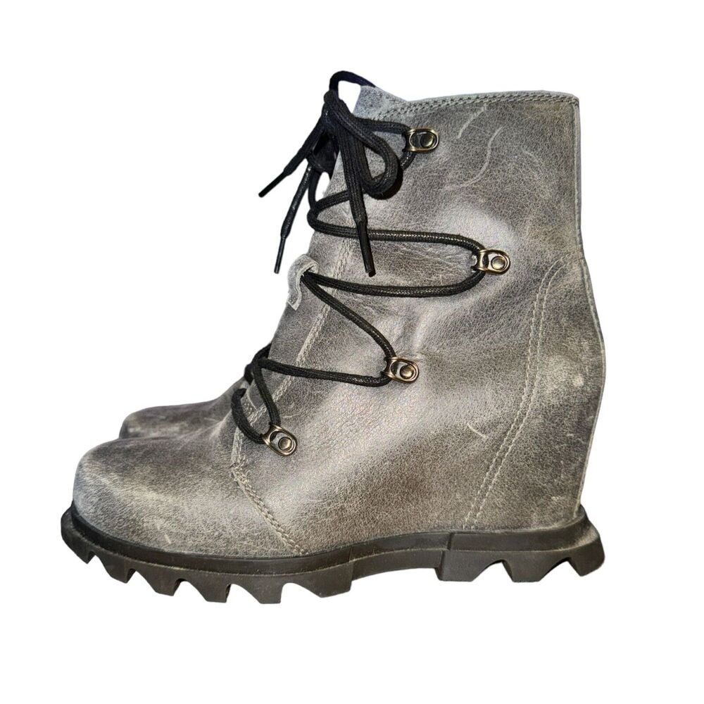 Sorel Joan Of Artic Wedge III Lace Up Boot Quarry Black WP Leather Size 7.5